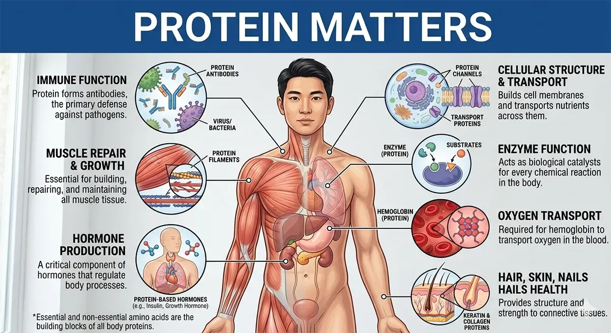 infographic showing benefits of protein for the human body including muscle maintenance satiety and metabolism