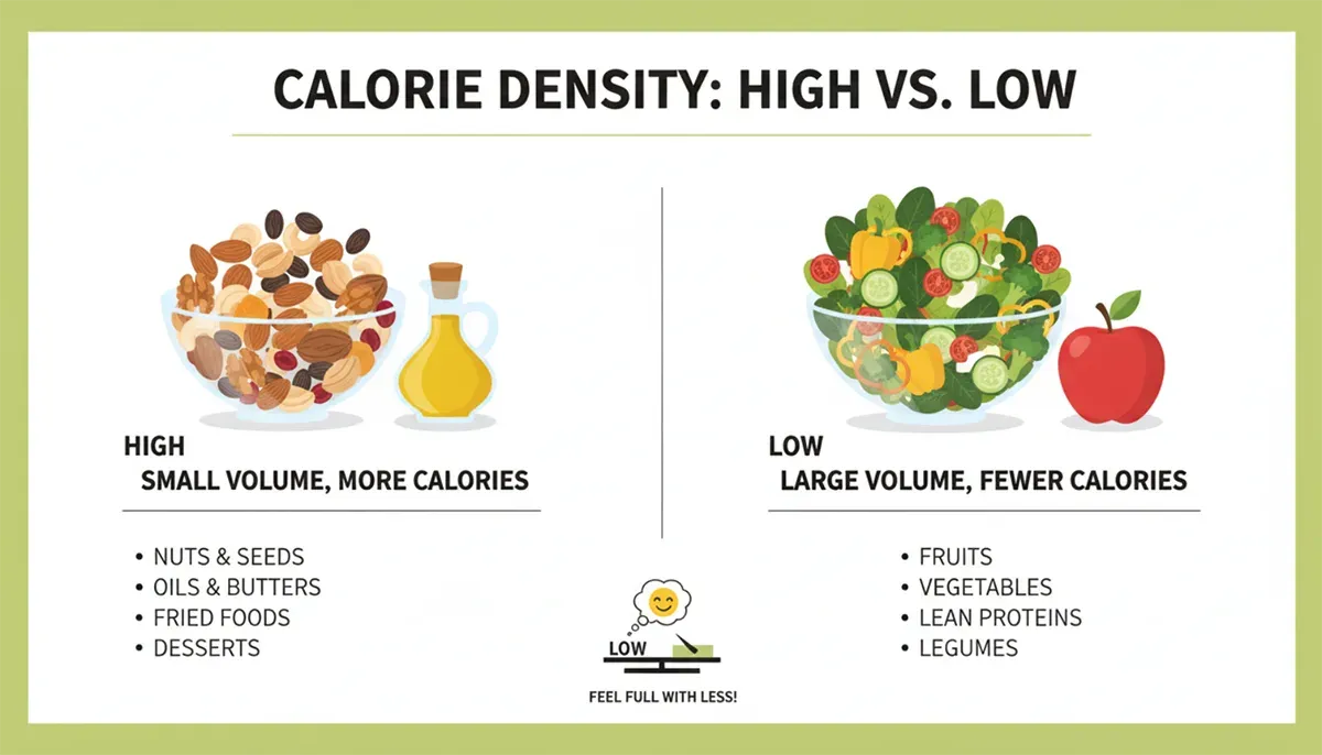 illustration explaining calorie density showing how different foods contain different calories per volume