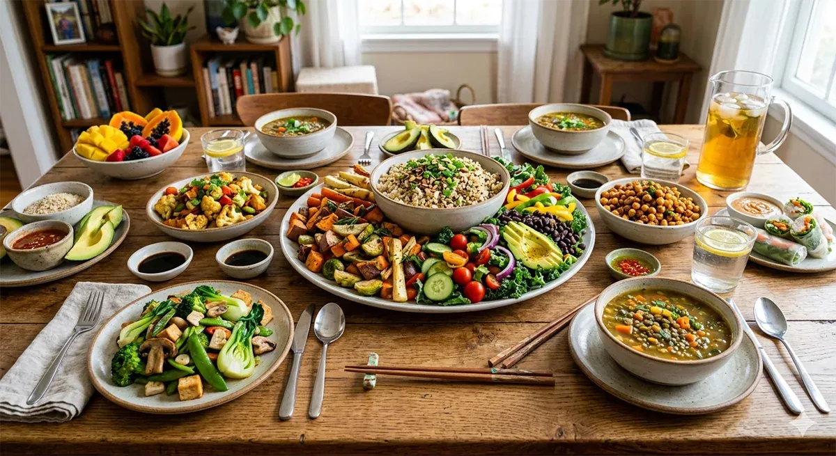 Whole food plant-based diet meals for sustainable weight loss including vegetables, grains, and legumes